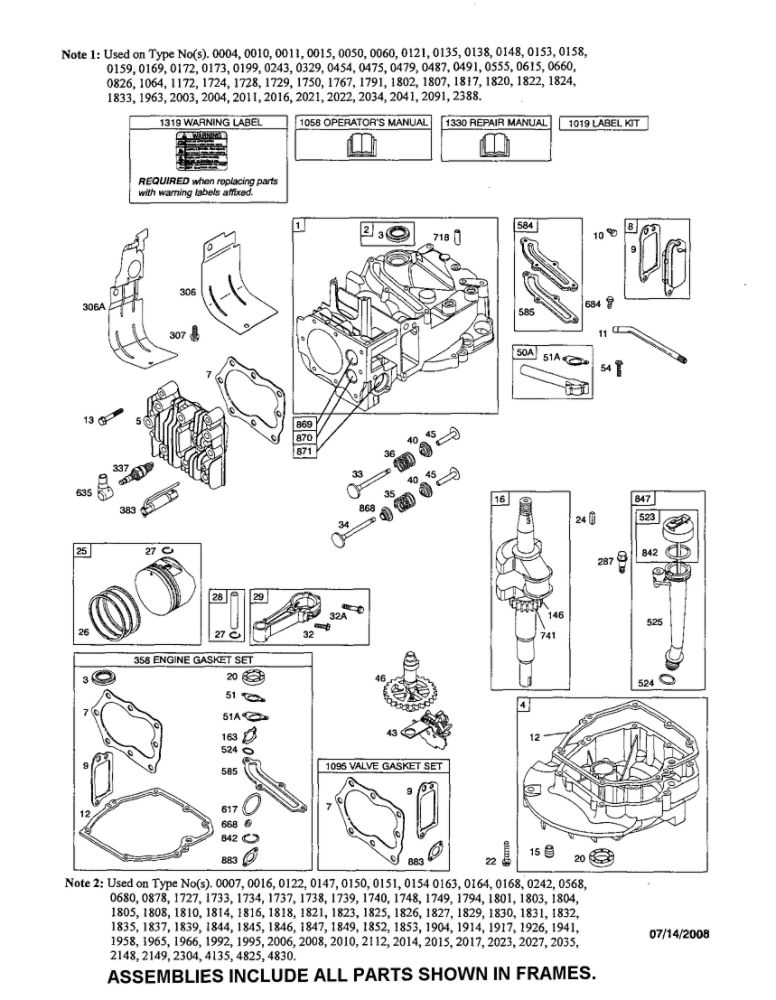 Cylinder/Crankshaft/Sump Diagram and Parts List for 126T00 0004-4830 Briggs and Stratton Engine
